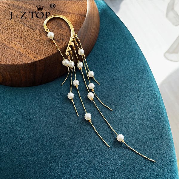 

jzwomen imitation pearl tassel ear clip fairy elegant long earrings jewelry decors orecchini brinco, Silver