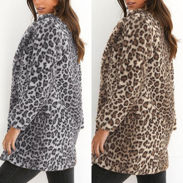 

oeak women leopard print coat furry flannel long sleeves notched lapel collar long overcoat winter warm outwear slim coat, Black;brown