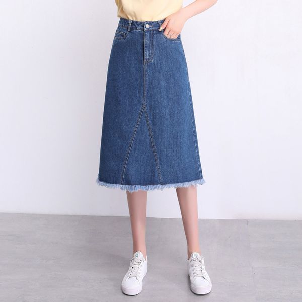 

women summer high waist tassel a-line denim skirts office lady elegant korean plus size slim casual knee-length jean skirts 9718, Black