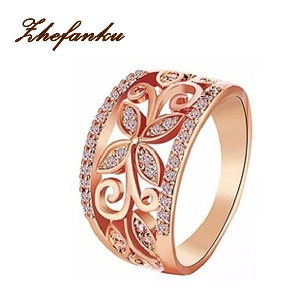 

zircon wedding engagement rings hollow out flower pattern cz crystal rose gold party ring for women brand jewelry, Slivery;golden