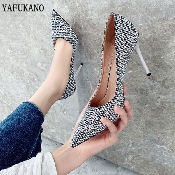 

spring new fashion plaid high heels ladies fine heel pointed rhinestone pumps elegant wedding banquet dress party shoes, Black