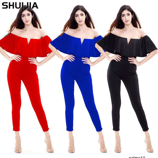 

women designer ruffled shoulder jumpsuit summer rq7t, Gray