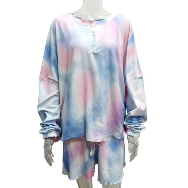

2pcs suit women pajama sets home service casual women's sleep pajamas long-sleeved shorts tie-dye pajamas suit, Black;red