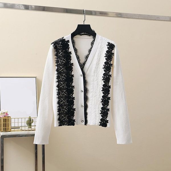 

women sweater oversized cardigan female single breasted long sleeve outwear lace floral patchwork knitted sweater, White