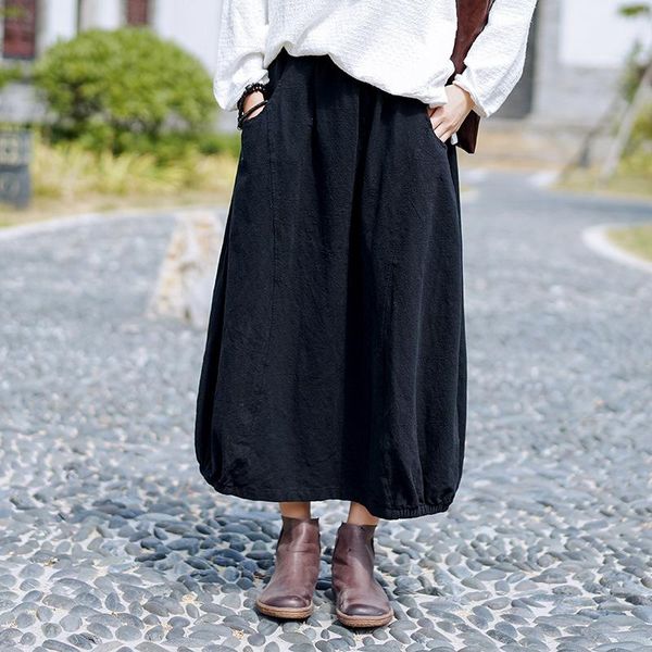

2020 spring skirts new cotton and linen women's skirts retro loose elastic waist midi skirt women bud skirt streetwear, Black