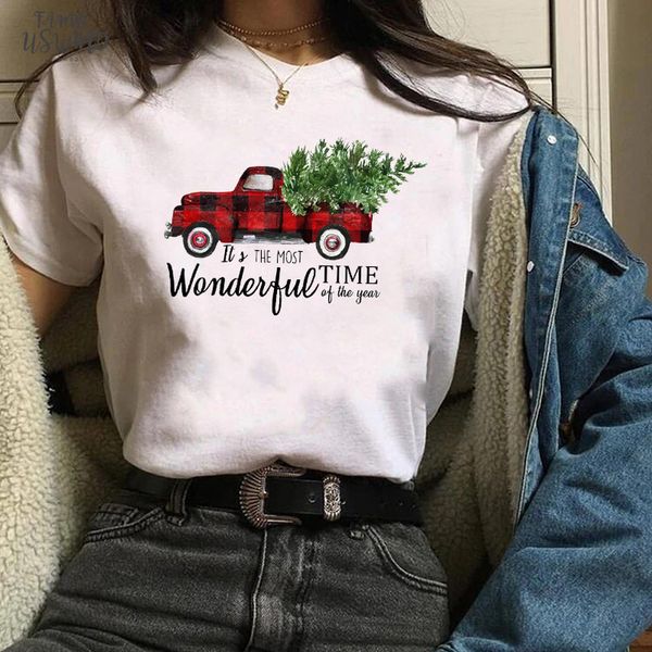 

womens plaid truck tree print christmas new year t shirt female graphic t tee shirt camisas mujer tshirt women, White