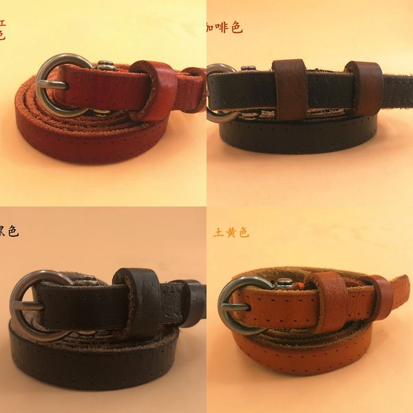 

washed leather women's layer cowhide pure cowhide women's belt fine leather korean round buckle belt, Black;brown