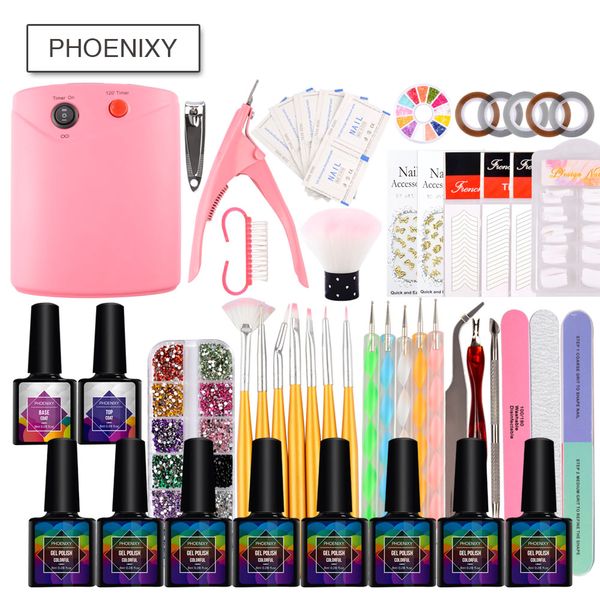

phoenixy set 36w led lamp dryer 8pcs nail gel polish soak off gel varnish polish base coat manicure tool for nail art kit