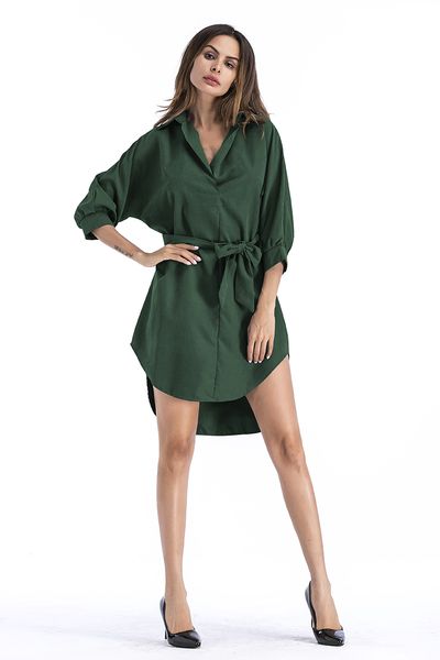 

women shirt dresses sashes irregular lapel long sleeve summer pure color high waist new style fashionable dress, Black;gray