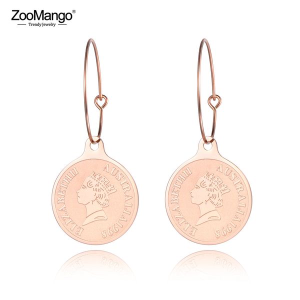 

zoomango trendy queen elizabeth head portrait hoop earrings for women rose gold stainless steel ear jewelry oorbellen ze19009, Golden;silver