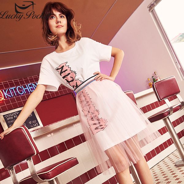 

women summer new fashion 2 piece set female o-neck print t-shirt dress+elastic waist mesh skirt sweet dresses suits ly666, White