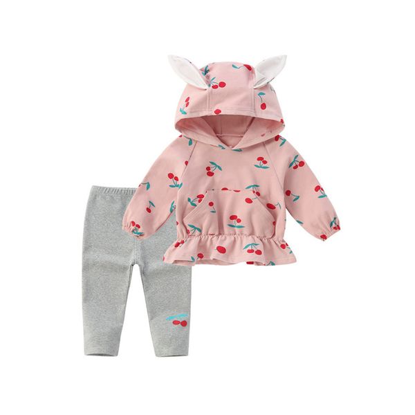 

baby clothes baby set girl boy lovely hooded fruit print sweatshirt +solid pants outfits korean toddler costume, White