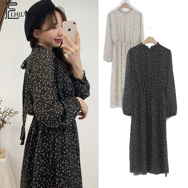 

2019 spring basic dresses women fashion long sleeve casual slim waist a line back bow tie floral printed vintage dress long, Black;pink