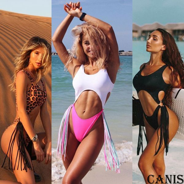 

2020 women's one piece swimsuit tassel bikini set swimwear bathing monokini push up padded bikini