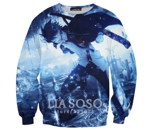 

2019 new men women fashion hoodies 3d printing anime blue exorcist sweatshirt casual long sleeve pullover b289, Black