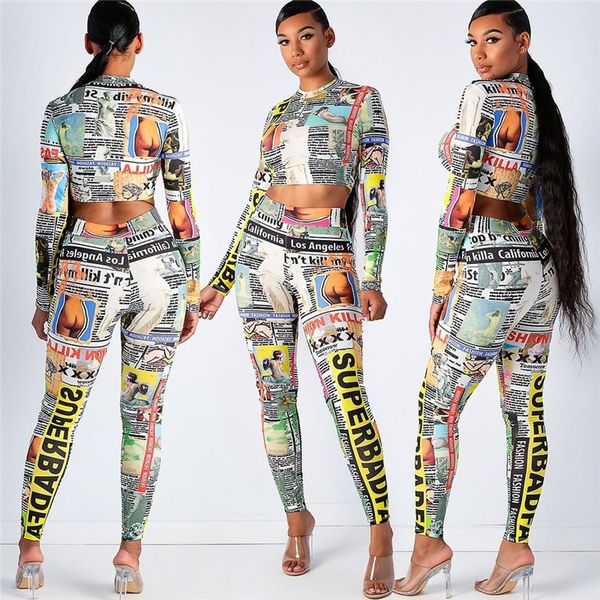 

newspaper printed womens designer tracksuits slim 2 piece pants printed long sleeved crew neck fashion womens tracksuits, White