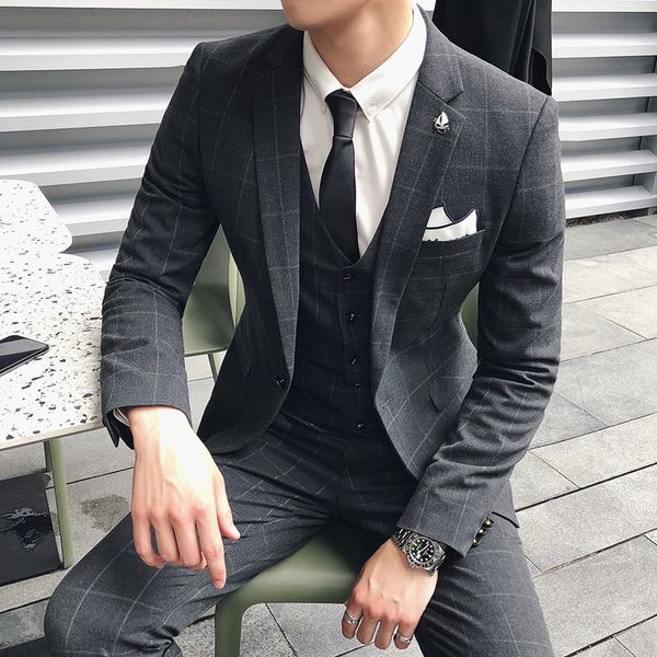 

business casual suit men's body slimming korean style handsome hair stylist three-piece suit men's plaid best man, White;black