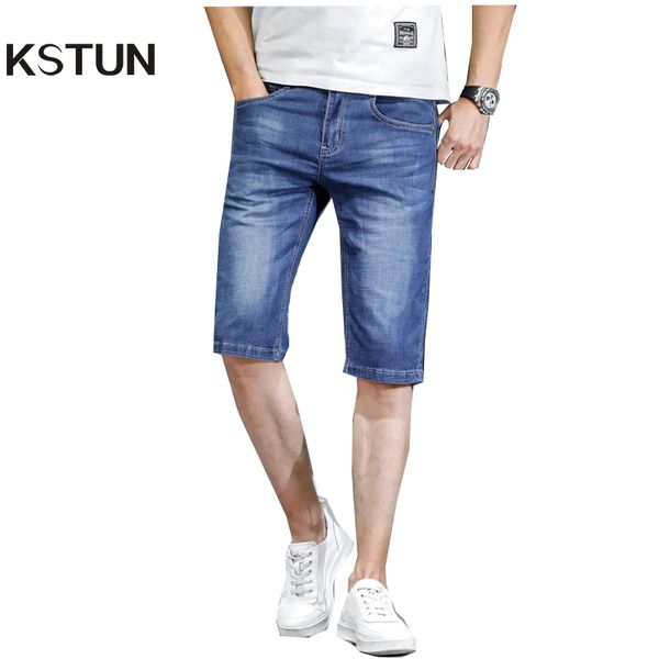 

kstun men jeans pants denim short jeans stretch slim fit light blue fashion pockets designer man brand 2018 good quality