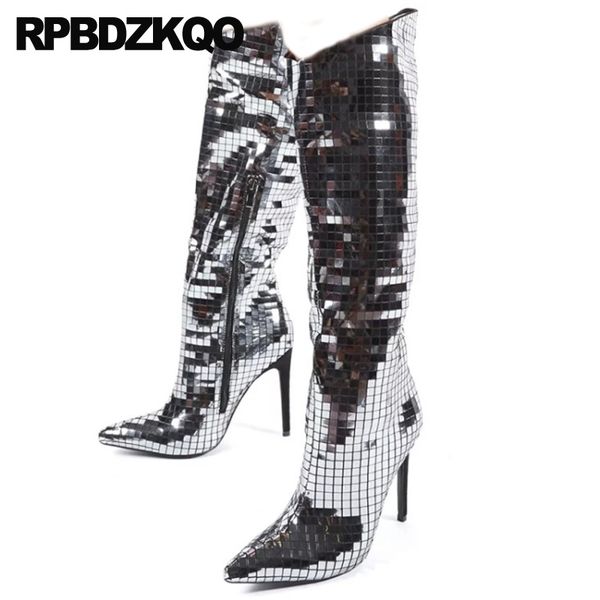 

sequin 10 high heel extreme silver sheepskin stiletto boots pointed toe big size shoes women knee exotic dancer, Black