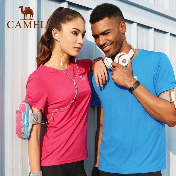 

camel running quick dry t-shirt fitness gym breathable anti-sweat women men summer o-neck short sleeve tennis outdoor, Black;red