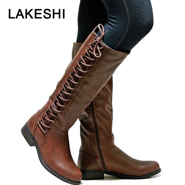 

lakeshi brand women boots 2019 fashion leather over-the-knee boots women thigh high lace up flat motorcycle female, Black