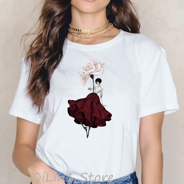 

2020 vogue pink rose girl print t-shirt women summer tee shirt femme korean style clothes t shirt femme streetwear, White