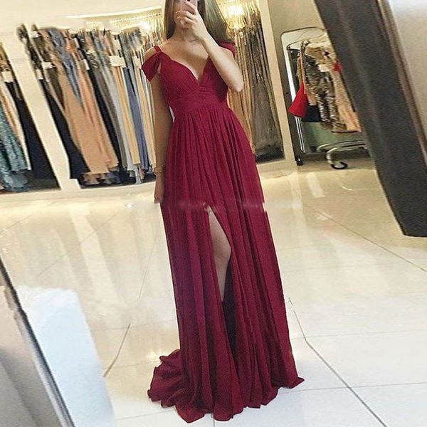 2019 Vestido De Noite De Borgonha Para O Partido V Decote Longo Chiffon Long Prom Dresses Side Slit