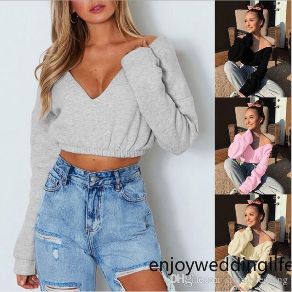 

мода женщины короткие толстовки толстовки sexy v шеи с длинными рукавами топы тис 4 цвета ватки outwears fs5127, Black