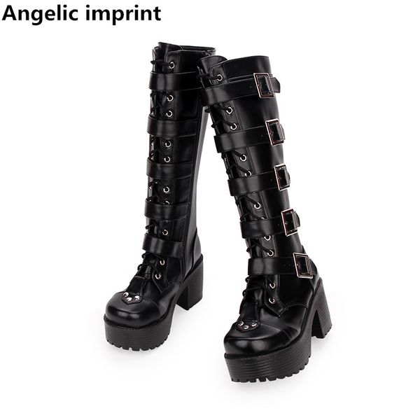 

angelic imprint mori girl lady lolita punk motorcycle boots woman high heels pumps women princess dress party shoes rivets 35-40, Black