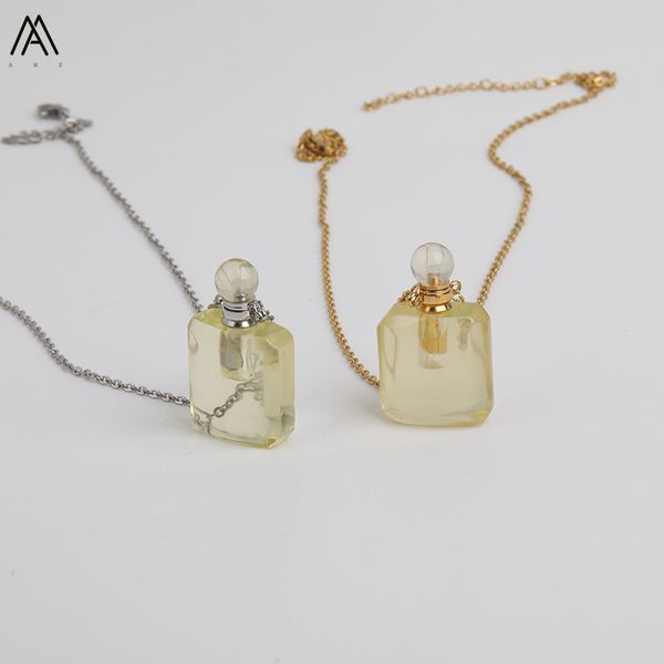 

fashion women square perfume bottle,mini natural lemon quartz stone stainless steel silver gold chain necklace gift dss-189ambb