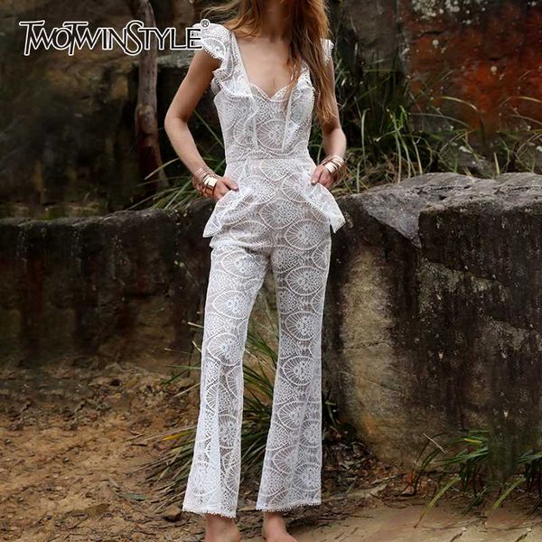 

twotwinstyle patchwork lace white womens jumpsuits high waist wide leg pants casual jumpsuit female 2020 summer fashion new, Black;white