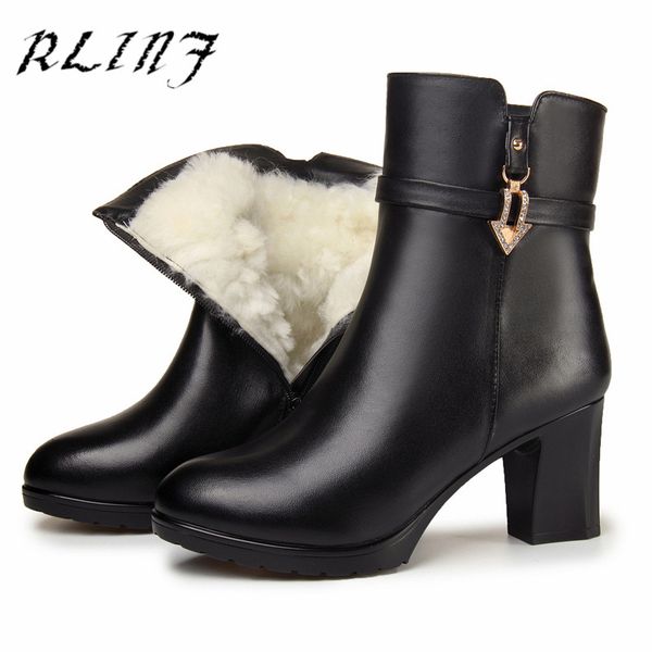 

rlinf full leather high heel booties wool leather female waterproof platform thick with female mother shoes, Black