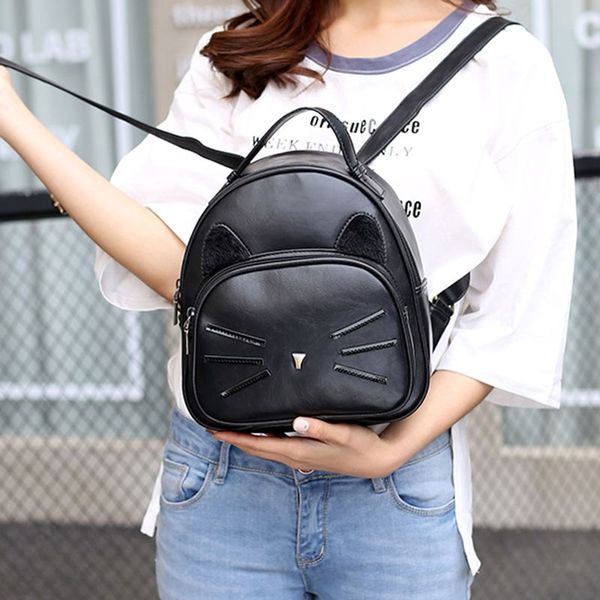 

fashion women backpack pu leather backpack cute cartoon cat shoulder school bags for teenage girls backpacks black