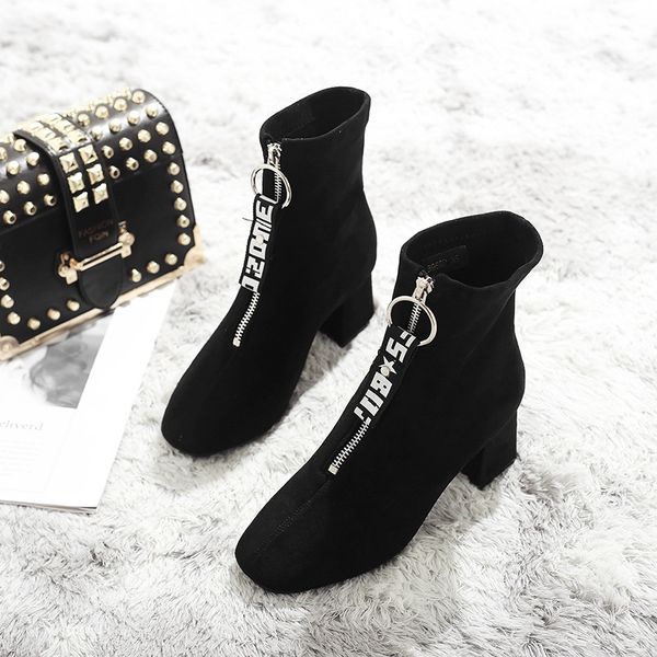 

square toe riband letter boots metal round buckle botines zipper matte chunky ankle botas winter women shoes 2019, Black