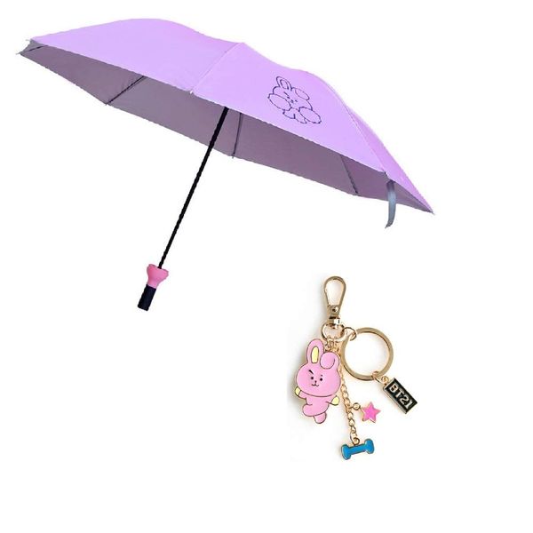 

bts candy color foldable with key chain,three fold umbrella, lightweight 8 ribs strong windproof umbrella, ergonomic handle