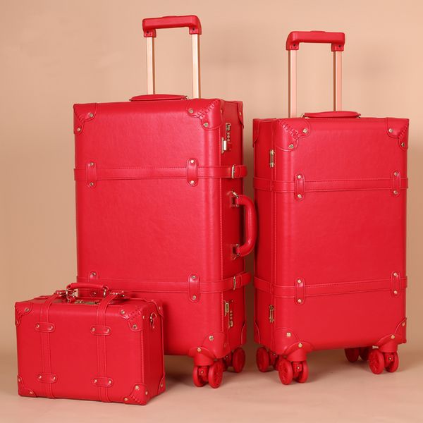 

women leather pu luxury rolling luggage sets with handbag married red festive trolley suitcase travel bag spinner boarding box