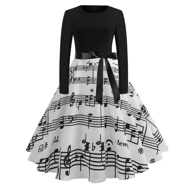 

women vintage bodycon dress long sleeve o neck evening printing party prom swing casual vintage dress women long 2019, Black;gray
