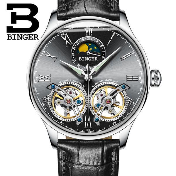 

switzerland men watches binger skeleton automatic watch men self-wind luxury mechanical wristwatch relogio masculino 2019, Slivery;brown