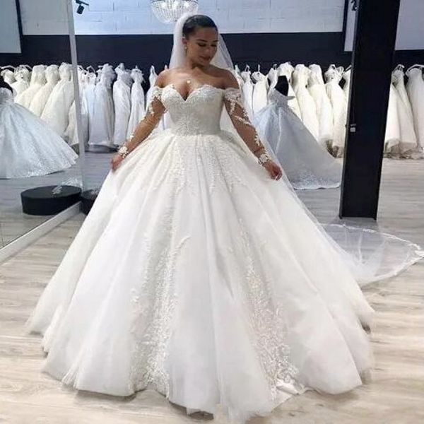 

vintage ball gown wedding dress lace appliques plus size beach off shoulder long sleeves wedding dresses zipper back country bridal gowns, White