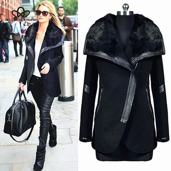 

wonder 2018 new winter woolden coat warmblack bigfur collar outwear zipper lady coat women windproof over coats, Black