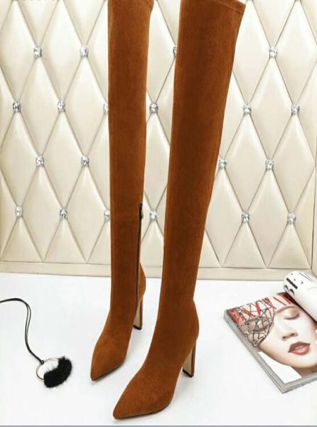 

2019 brand stretch suede leather thigh high heels boots women winter boots stiletto heels over the knee boots female shoes, Black