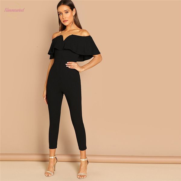 

elegant black office going solid off shoulder short sleeve ruffle skinny jumpsuit autumn workwear lady out women jumpsuits, Black;white