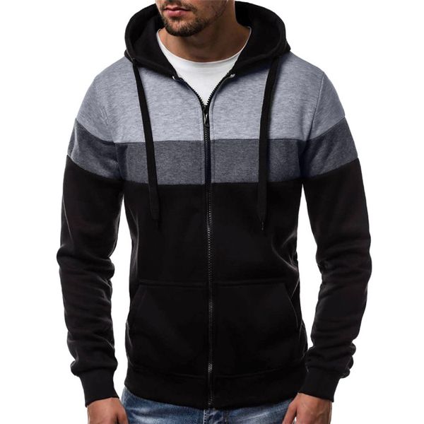 

mens long sleeve autumn winter patchwork zipper hoodies blouse tracksuits coat outwear slim jacket standard with hat 4a, Black
