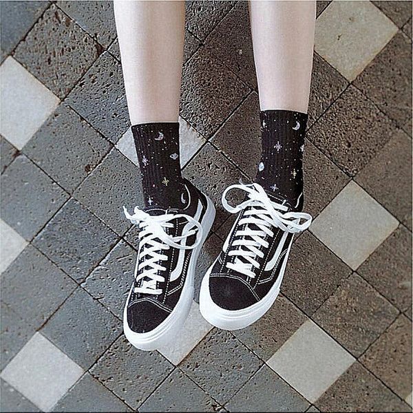 

fashion woman funny planet moon space pattern woman cotton socks meia korean female style fun colorful girl long socks, Black;white