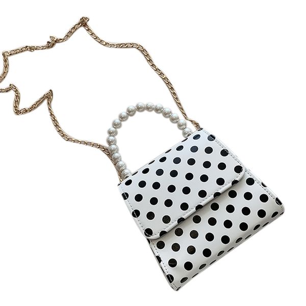 

retro dot ladies handbag sweet pearl handle handbags pu chain messenger bag girls shoulder bag white