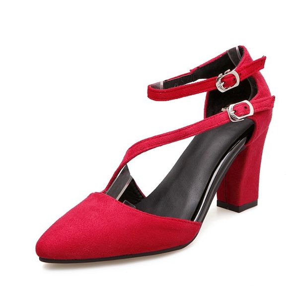 

дизайн моды высокие каблуки острым носом женская обувь сексуальная лодыжки ремень пряжка коренастый каблук платье насосы, Black