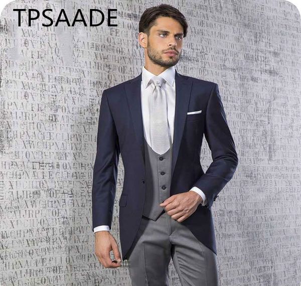 

custom made navy blue wedding tuxedos men suits 2019 groom wear slim fit man blazer jacket pants vest 3piece tailored costume ho, White;black