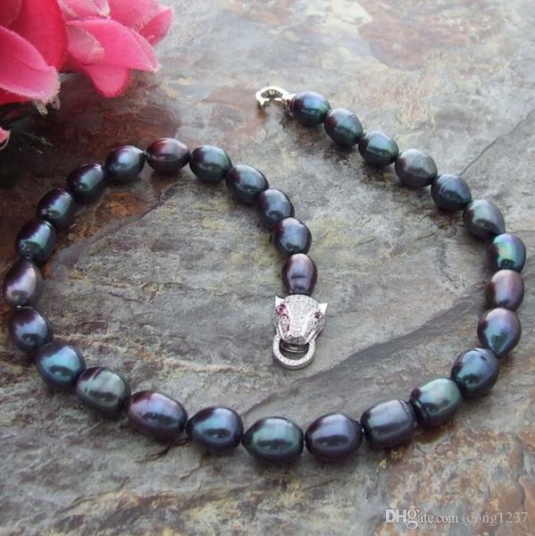 

elegant 9-10mm tahitian baroque black green pearl necklace 18inch, Silver