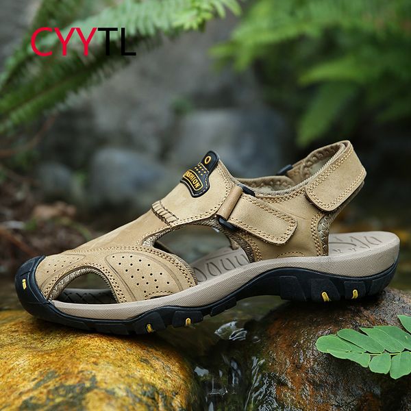

sandals cyytl summer men cow leather plus size shoes outdoor beach slippers casual sneakers sandalia masculina zapatos de hombre, Black