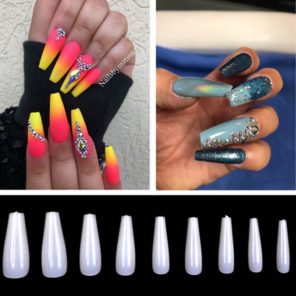 

lamemoria 500pcs coffin nail tips press on nails natural clear long ballerina diy false nail art tips full cover acrylic nails, Red;gold